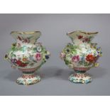 A pair of 19th century floral encrusted vases with well painted floral sprays, 10.5cm tall