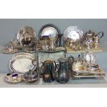 Three boxes containing a large quantity of silver plated, mainly dinnerwares, comprising tea