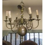 A heavy brass Dutch style six branch hanging ceiling light, with knopped and bulbous stem