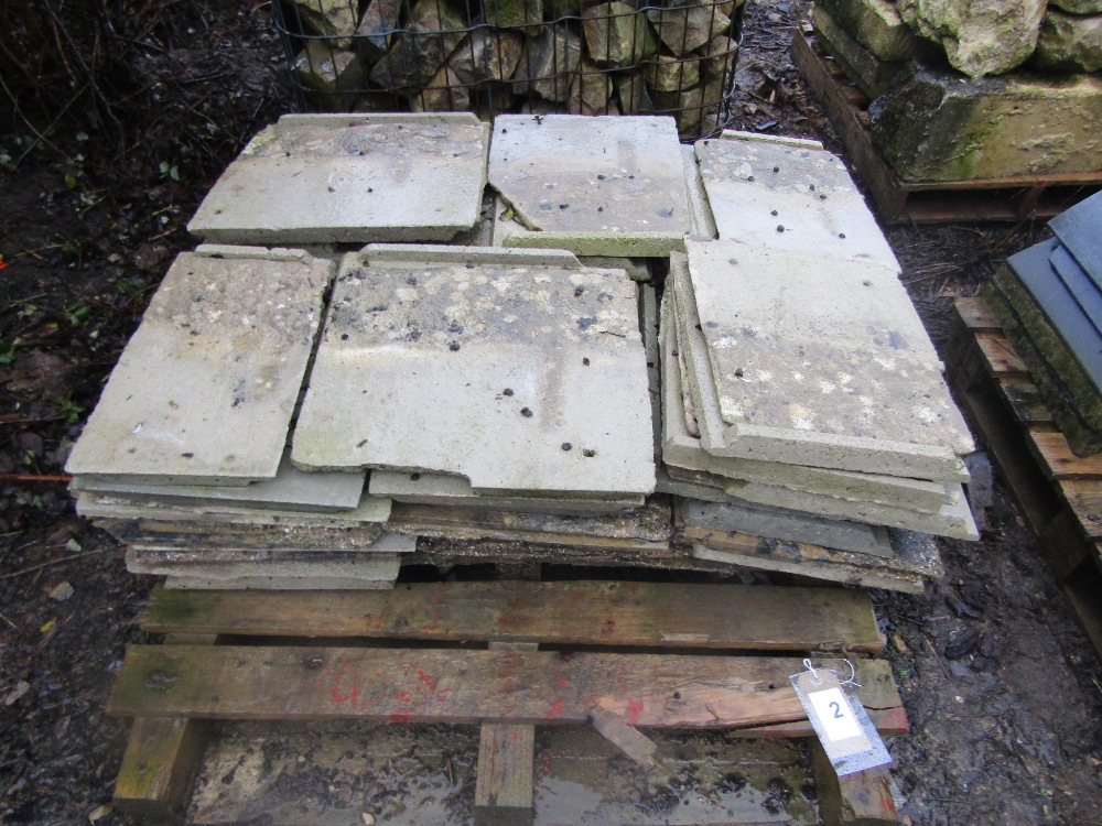A pallet of concrete roofing tiles weathered, various sizes, 40 x 46cm and smaller