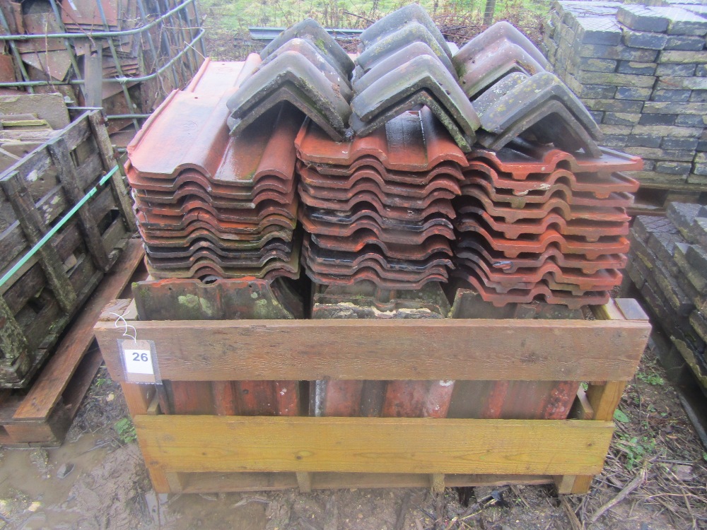 A crate of double Roman terracotta tiles, 150 approx, and 12 further ridge tiles, T Hurst and Symons