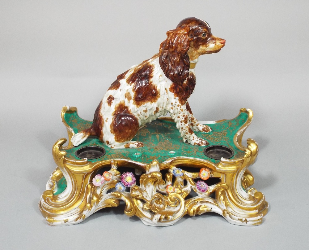 A good quality mid 19th century Jacob Petit (Fontainebleau) ceramic inkstand with applied seated