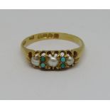 Edwardian 18ct turquoise and pearl ring, size Q, 3.2g