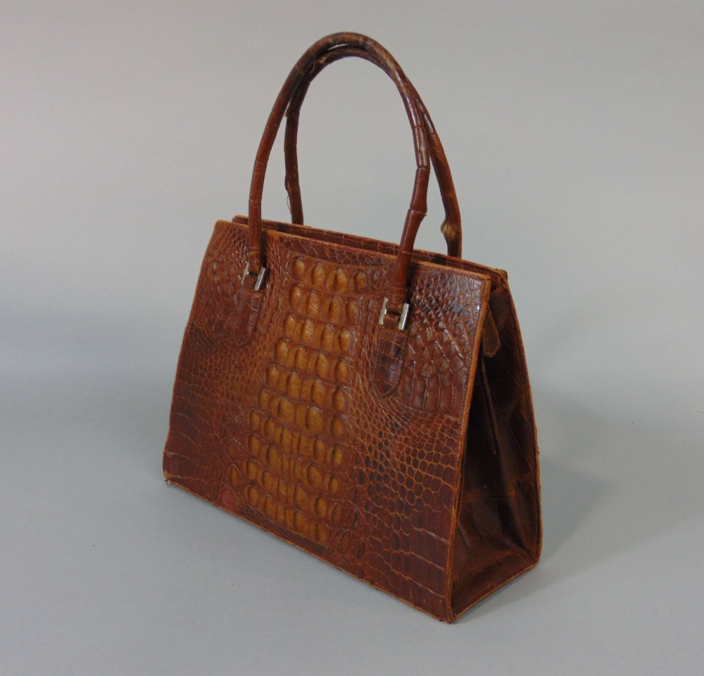 Vintage crocodile skin handbag with suede interior, zip fastening and looped handles and a remnant - Image 2 of 6