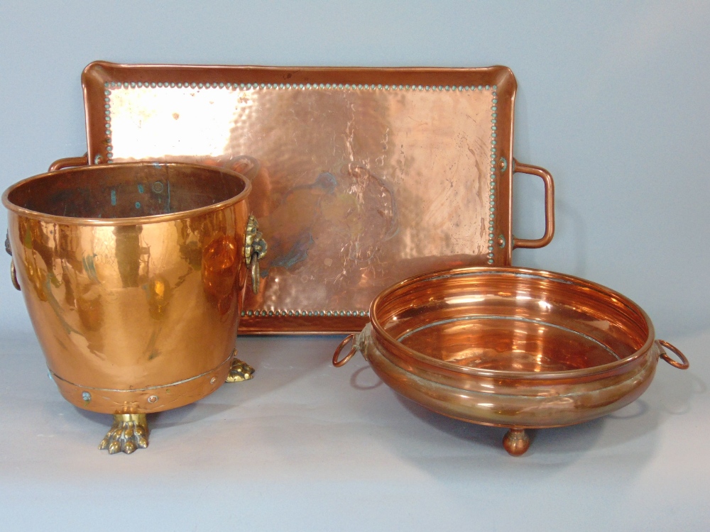 Comprehensive box of various metalwares to include pair of open barley twist candlesticks, a riveted - Image 3 of 3