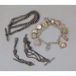 Silver curb link charm bracelet hung with a selection of novelty charms, mostly hinged, to include