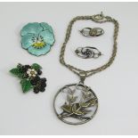 Interesting lot of silver jewellery comprising an enamelled pansy brooch marked JA&S - no. 1291, a