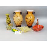 A mixed collection of Murano glassware to include a pair of twin handled baluster vases, an
