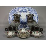 A large 19th century blue and white printed meat plate of oval form with well, with Egyptian style