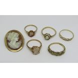 Group of 9ct jewellery comprising a cameo brooch and two similar rings, two plaited style half