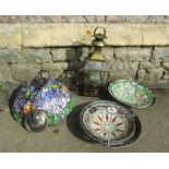 A Tiffany style colourful leaded hanging ceiling light, with domed shade, dragonfly and floral