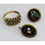 9ct keeper ring, size U, 6.8g and two single pietra dura floral earrings; one 9ct, the other