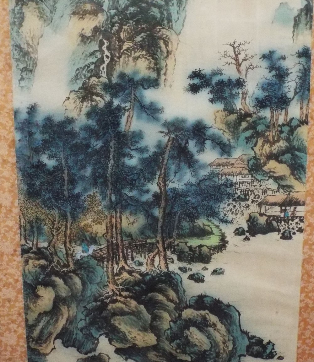 A set of four early 20th century Chinese paintings on fabric of landscapes, probably representing - Image 6 of 6