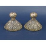 Pair of good quality 19th century hobnail cut glass ships scent bottles, the silver lid lobed with