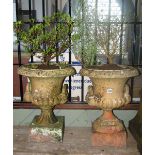A pair of small weathered buff coloured campana shaped garden urns, with flared rims, lobed