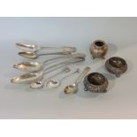 A mixed collection of silver and continental white metal spoons, two open silver cauldron salts
