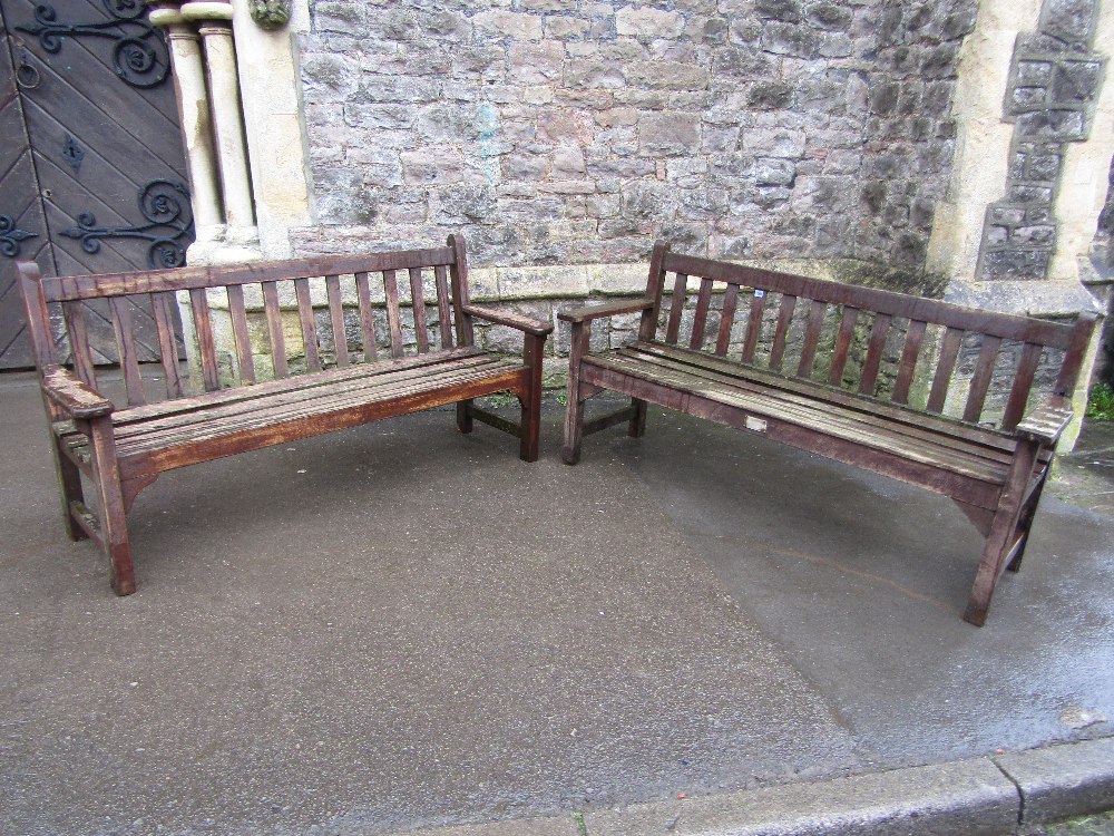 Two similar Lister stained teakwood three seat garden benches, with slatted seats and back, 160cm - Image 2 of 2