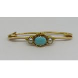 Victorian turquoise and split pearl bar brooch in yellow metal, 4cm long approx, 3.2g