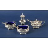 Good quality four piece cruet comprising two salts, a mustard and pepper, with blue glass liners and