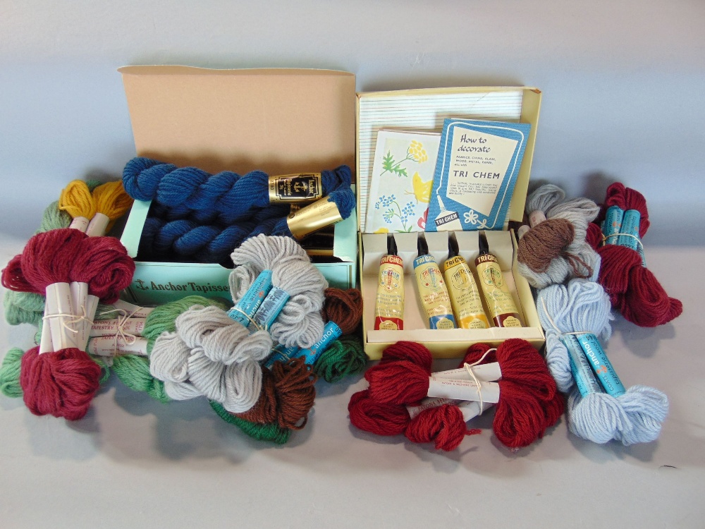 Two boxes of tapestry wool threads including 12 x 20g Anchor Tapisserie threads in blue (boxed)