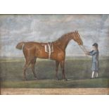 Late 18th century British school - The racehorse 'Buzzard' in landscape setting, accompanied by