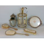 A collection of mixed metalware to include a twin branch hanging cylindrical glass lantern, a