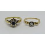 18ct sapphire and diamond flower head ring, size J/K and a further diamond set yellow metal ring