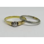 18ct diamond solitaire ring, 0.20cts approx, size Q and an 18k white gold wedding ring stamped '