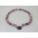 19th century Chinese carved amethyst quartz bead necklace with white metal clasp