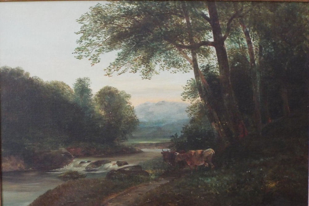 19th century British school - River landscape with cattle beneath trees, oil on canvas, unsigned, 60