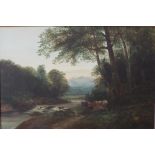 19th century British school - River landscape with cattle beneath trees, oil on canvas, unsigned, 60