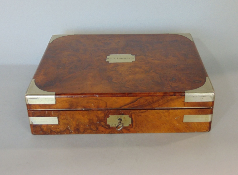 Burr walnut case box containing a collection of engineers stationery tools, together with a - Image 3 of 5