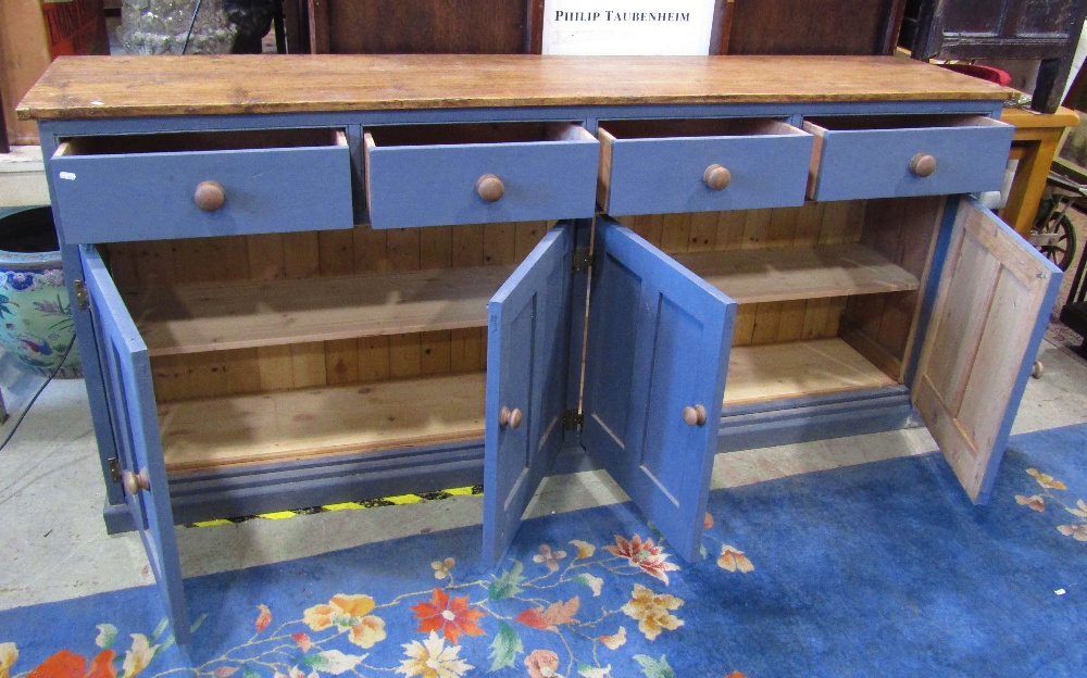 A rustic reclaimed pine kitchen dresser base, enclosed by four rectangular twin panelled doors, - Image 5 of 5