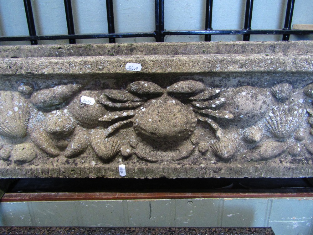 A weathered cast composition stone planter of rectangular form, with raised crab and shell relief - Image 2 of 2