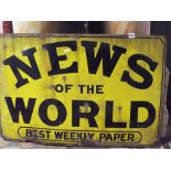 A vintage enamel sign advertising The News of the World, Best Weekly Paper, 92 x 61cm (af), together