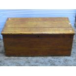 A 19th century pine blanket box with hinged lid, exposed dovetail construction and side carrying