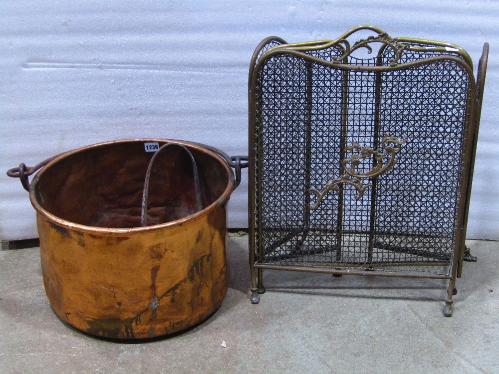 An antique copper cauldron/pail with steel loop handle together with a Victorian brass telescopic