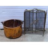 An antique copper cauldron/pail with steel loop handle together with a Victorian brass telescopic