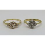 Two early 20th century 18ct diamond cluster rings, 3.7g total (2)
