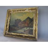 Musical picture clock, 19th century continental riverside landscape with a watermill, gilt frame,