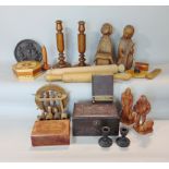 A box of various treen items, including carved figures of European rustic characters, Austrian