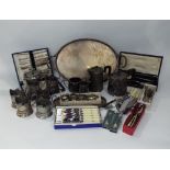 A mixed collection of silver and silver plate to include mainly silver plate items of teawares, twin