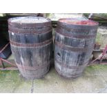 Two coopered oak sherry barrels, approx 90cm x 60cm diameter