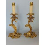Pair of French ormolu candlestick table lamps, in the form of scrolled acanthus, 35cm high (2)