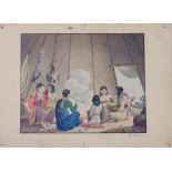 Peter Rindisbacher (Swiss 1806-1834) scene inside a teepee with family of native Americans around