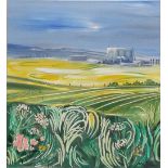 Beryl Maile - Landscape with distant power station, gouache on card, signed and with Oxfordshire