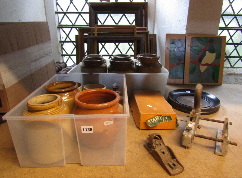 Miscellaneous lot to include a small collection of glazed stoneware preserve jars, bottles, a