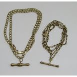 Two 9ct chain necklaces each hung with a T-bar; a belcher link and a flat curb link example, 11.5g