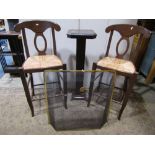 Pair of contemporary Italian high chair-back stools, with rush seats and stained beechwood frames,