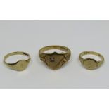 9ct diamond set signet ring, size W and two further 9ct examples, 7.6g total (3)